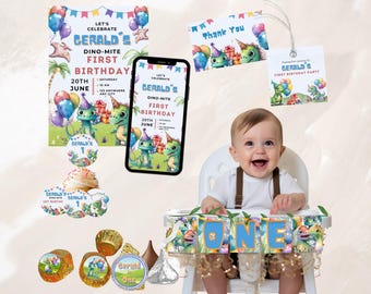 Dinosaur 1st Birthday Essentials Bundle | Party Supplies for a Fun First Birthday Celebration & Decorations DB01