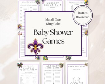 Mardi Gras Baby Shower Games – Purple, Green, Gold Party Printables (Instant Download)  MGKC01