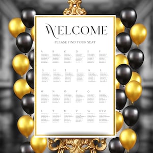 Tafelsjabloon gouden rand in alfabetische volgorde, afdrukbaar voor bruiloften en evenementen, 3 maten (18 x 24, 20 x 30, 24 x 36) BGNYE01