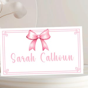 Pink Coquette Bow Place Card Template for Baby Showers - Elegant Table Setting Décor