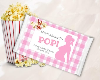 Baby Shower con estampado de cuadros rosas "Está a punto de explotar" - Envoltorio para palomitas de maíz para microondas (Descarga digital)