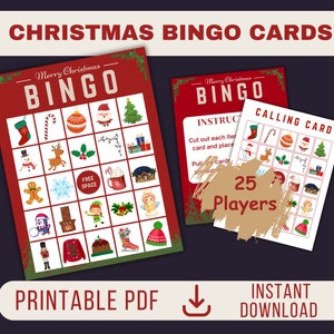 Druckbares Weihnachtsbild Bingo für bis zu 25 Spieler | Lustiges Feiertags-Spiel für Familie und Freunde, Kinderaktivität, festliches Partyspiel