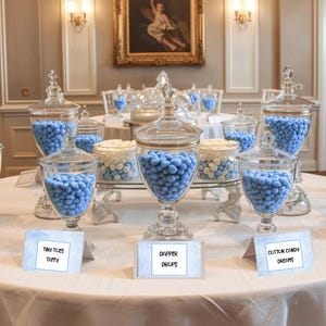 May include: A display of glass jars filled with blue candies, arranged on a white tablecloth. The jars vary in size and shape, some with lids. Small signs in front of the jars read "Tiny Toes Taffy", "Dapper Drops", and "Cotton Candy Dreams".