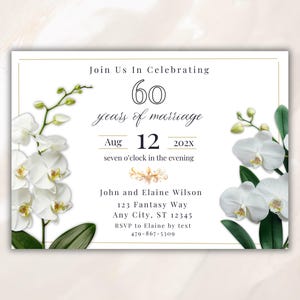 Faire-part 60e anniversaire de mariage | soixantième anniversaire | Invitation numérique | Modèle modifiable | Orchidées fleuries traditionnelles WA60