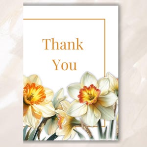 Tarjeta de agradecimiento con narcisos / Tarjeta floral imprimible de 5x7 / Papelería con flores amarillas / Tarjeta botánica de descarga instantánea