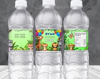 Dschungel Safari 1. Geburtstag Wasserflasche Etiketten: Personalisierte Party Dekoration (Digitaler Download) SJ01