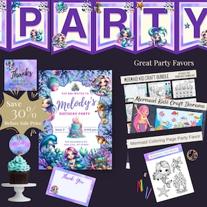 Mermaid Birthday Party Package with Favors | Mermaid Invitation Package | Siren Cupcake Toppers | Siren Favors Pack | Under the Sea Birthday