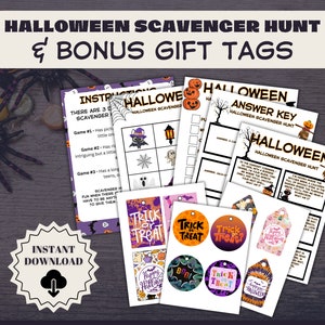 Paquete de búsqueda del tesoro de Halloween con etiquetas de regalo ADICIONALES, juego de búsqueda del tesoro, ideal para todas las edades
