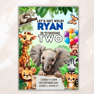 Two Wild Birthday Invitation: Jungle Animals, Safari Theme (Digital Download)  SJ01