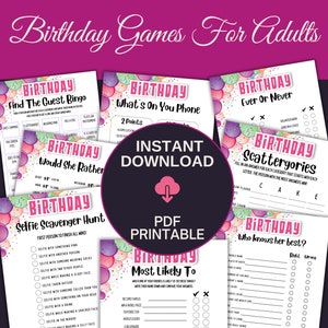 Adult Birthday Party Games: Selfie Scavenger Hunt, Bingo (Printable)