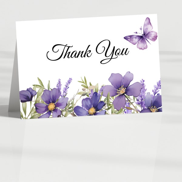 Purple Flower Field Thank You Card |  | Purple Folded Note Card |  Watercolor Flowers | Floral Cards | Purple Butterfly | S01