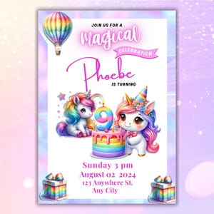 faire-part d'anniversaire de licorne | Invitation personnalisée pour fille | Carte modifiable pour le 9e anniversaire de mariage | Faire-part neuvième anniversaire | Fête de la Licorne