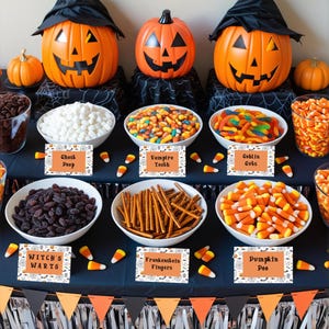 Buffet de bonbons d'Halloween | Tentes modifiables avec étiquette de nourriture de fête | Téléchargement instantané | 28 idées et cartes de buffet | Cartes de bonbons d'Halloween