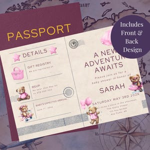 May include: A baby shower invitation with a passport theme. The invitation features the word "PASSPORT" in gold lettering, along with details, a gift registry, and RSVP information. The design includes teddy bears, balloons, and the text "A NEW ADVENTURE AWAITS".