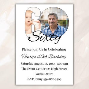 60th Birthday Invitation For Women With Picture | 60th Bday Card Photo Template | Surprise Birthday Invitation | S02