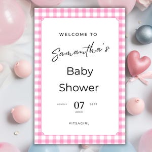 Rosa Gingham-Babyparty-Willkommensschild: Bearbeitbare Vorlage (Digitaler Download) BSPG01