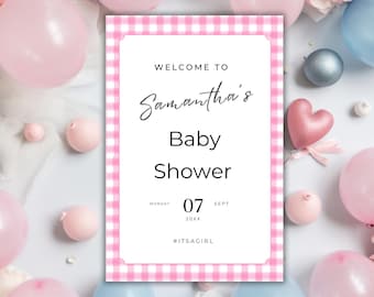 Różowa kratka w kratkę powitalną na baby shower: edytowalny szablon Canva (do pobrania cyfrowego) BSPG01