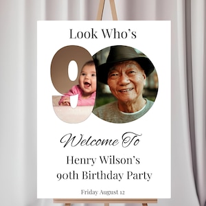 90th Birthday Welcome Sign | Editable Template | Modern Photo Poster | Look Who&#39;s 90 Decor | Unique Birthday Celebration S01