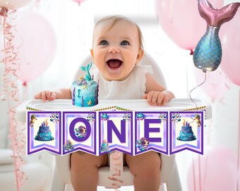 Meerjungfrau 1. Geburtstag Kinderhochstuhl Banner: Unter dem Meer Party Dekor (digitaler Download, druckbar) M01
