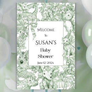 Green Toile Safari Baby Shower Welcome Sign (Digital Download, Printable, Editable in Canva) BSGTS01