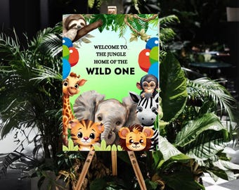 Personalized Jungle Safari Birthday Welcome Sign (Canva Template, Digital Download) SJ01