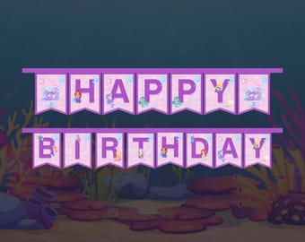 Banner de cumpleaños de sirena: Decoración para fiesta submarina (Descarga instantánea) LM01