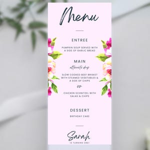 Afdrukbare menukaart – bewerkbare canvassjabloon, bloementuincollectie, aanpasbaar ontwerp dinermenu, elegant feestdecor B01