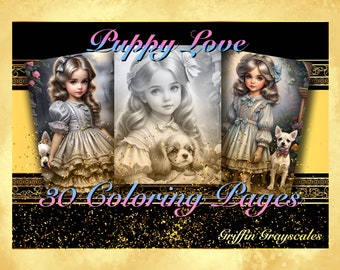 Coloring Pages for Adults, Grayscale Coloring Book, grayscale pages, Coloring Book, Digital Coloring Grayscales, Puppy Love