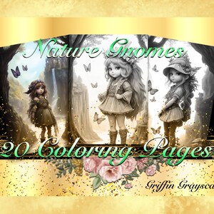 Coloring Pages for Adults, Grayscale Coloring Book, Digital wall art, grayscale pages, Nature Gnomes