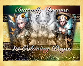 Páginas para colorear para adultos, Libro para colorear en escala de grises, páginas en escala de grises, Libro para colorear, Escalas de grises para colorear digitales, Sueños de mariposas