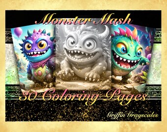 Coloring Pages for Adults, Grayscale Coloring Book, grayscale pages, Coloring Book, Digital Coloring Grayscales, Monster Mash