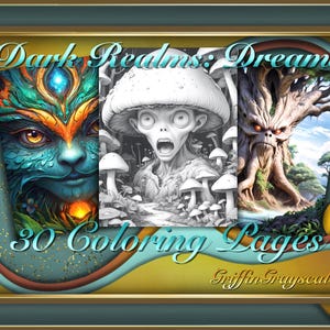 Malvorlagen für Erwachsene, Graustufen Malbuch, Graustufenseiten, Malbuch, Digitale Färbung Graustufen, Dark Realms - Dreams