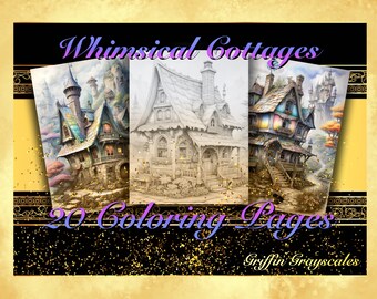 May include: A set of 20 coloring pages featuring whimsical cottages with intricate details. The pages are in grayscale and are perfect for adults and children who enjoy coloring.