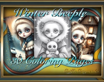 Coloring Pages for Adults, Grayscale Coloring Book, grayscale pages, Coloring Book, Digital Coloring Grayscales, Winter Beeple