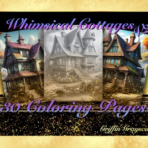 Coloring Pages for Adults, Grayscale Coloring Book, grayscale pages, Coloring Book, Digital Coloring Grayscales, Whimsical Cottages V2