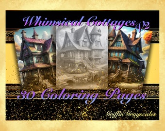 May include: Whimsical Cottages v2 coloring book with 30 pages featuring illustrations of three charming cottages with intricate details. The cottages are depicted in both color and grayscale.