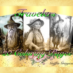 Coloring Pages for Adults, Grayscale Coloring Book, Digital wall art, grayscale pages, Travelers
