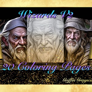 Könnte beinhalten: Ein digitales Malbuch mit drei Zauberern mit langen weißen Bärten. Das Titelbild ist in Graustufen gehalten und trägt den Text "Wizards V2 20 Coloring Pages Griffin Grayscales".