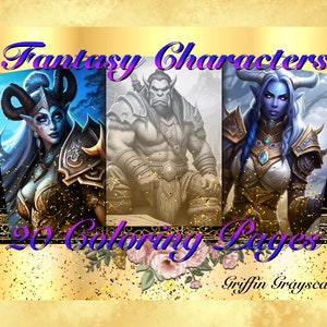 Coloring Pages for Adults, Grayscale Coloring Book, grayscale pages, Coloring Book, Digital Coloring Grayscales, Fantasy Characters