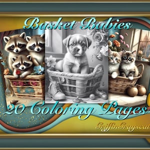Coloring Pages for Adults, Grayscale Coloring Book, grayscale pages, Coloring Book, Digital Coloring Grayscales, Basket Babies
