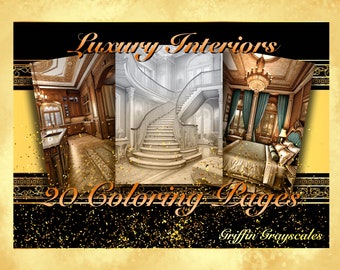 Puede incluir: Una obra de arte digital titulada "Luxury Interiors" que presenta tres escenas de interiores: una cocina, una gran escalera y un dormitorio. La imagen incluye el texto "20 Coloring Pages" y "Griffin Grayscales" sobre un fondo dorado y negro.