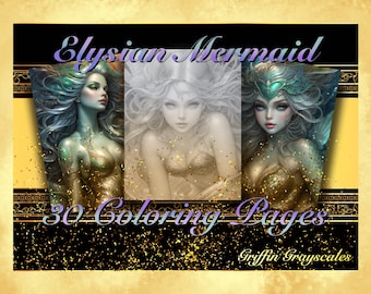 Coloring Pages for Adults, Grayscale Coloring Book, grayscale pages, Coloring Book, Digital Coloring Grayscales, Elysian Mermaid