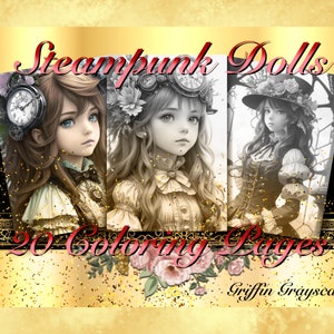 Coloring Pages for Adults, Grayscale Coloring Book, Digital wall art, grayscale pages, Steampunk Dolls