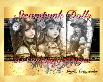 Páginas para colorear para adultos, Libro para colorear en escala de grises, Arte de pared digital, páginas en escala de grises, Muñecas Steampunk