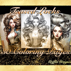 Coloring Pages for Adults, Grayscale Coloring Book, grayscale pages, Coloring Book, Digital Coloring Grayscales, Teased Locks