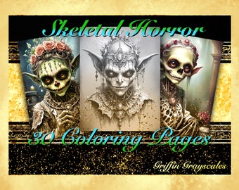 Coloring Pages for Adults, Grayscale Coloring Book, grayscale pages, Coloring Book, Digital Coloring Grayscales, Skeletal Horror