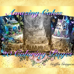 Coloring Pages for Adults, Grayscale Coloring Book, grayscale pages, Coloring Book, Digital Coloring Grayscales, Amazing Cakes