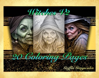 May include: A book cover with the title "Witches 12" and the text "20 Coloring Pages" in a green and black font. The cover features three illustrations of witches with green, gray, and white skin tones. The background is a yellow and gold color.