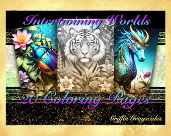 Coloring Pages for Adults, Grayscale Coloring Book, grayscale pages, Coloring Book, Digital Coloring Grayscales, Intertwining Worlds