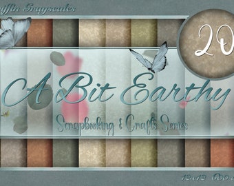 May include: A set of 20 digital papers in earthy tones with a light blue butterfly and the text "A Bit Earthy Scrapbooking & Crafts Series" and "12x12 600 dpi".